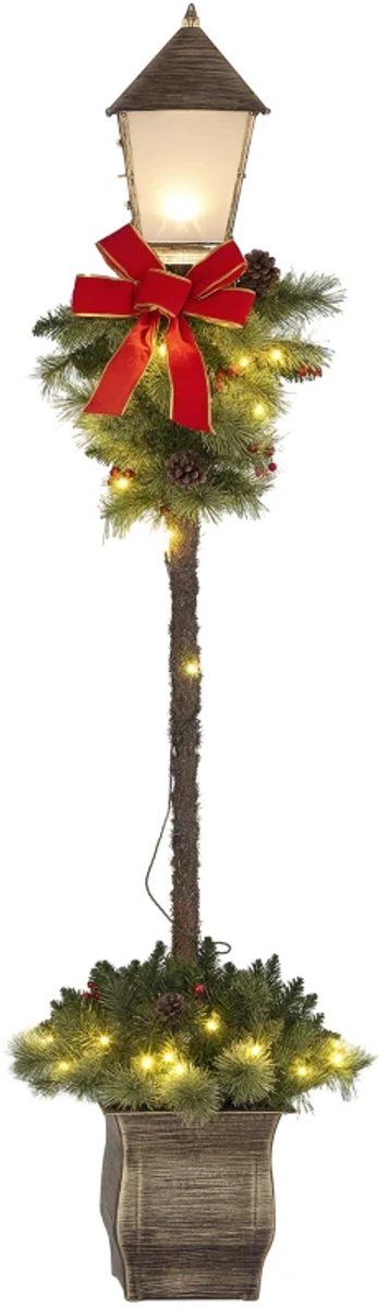 Kerstversiering - Kerstlantaarn Met Bessen, Kegels En Strik - LED-verlichting - Metalen Paal - 150 cm
