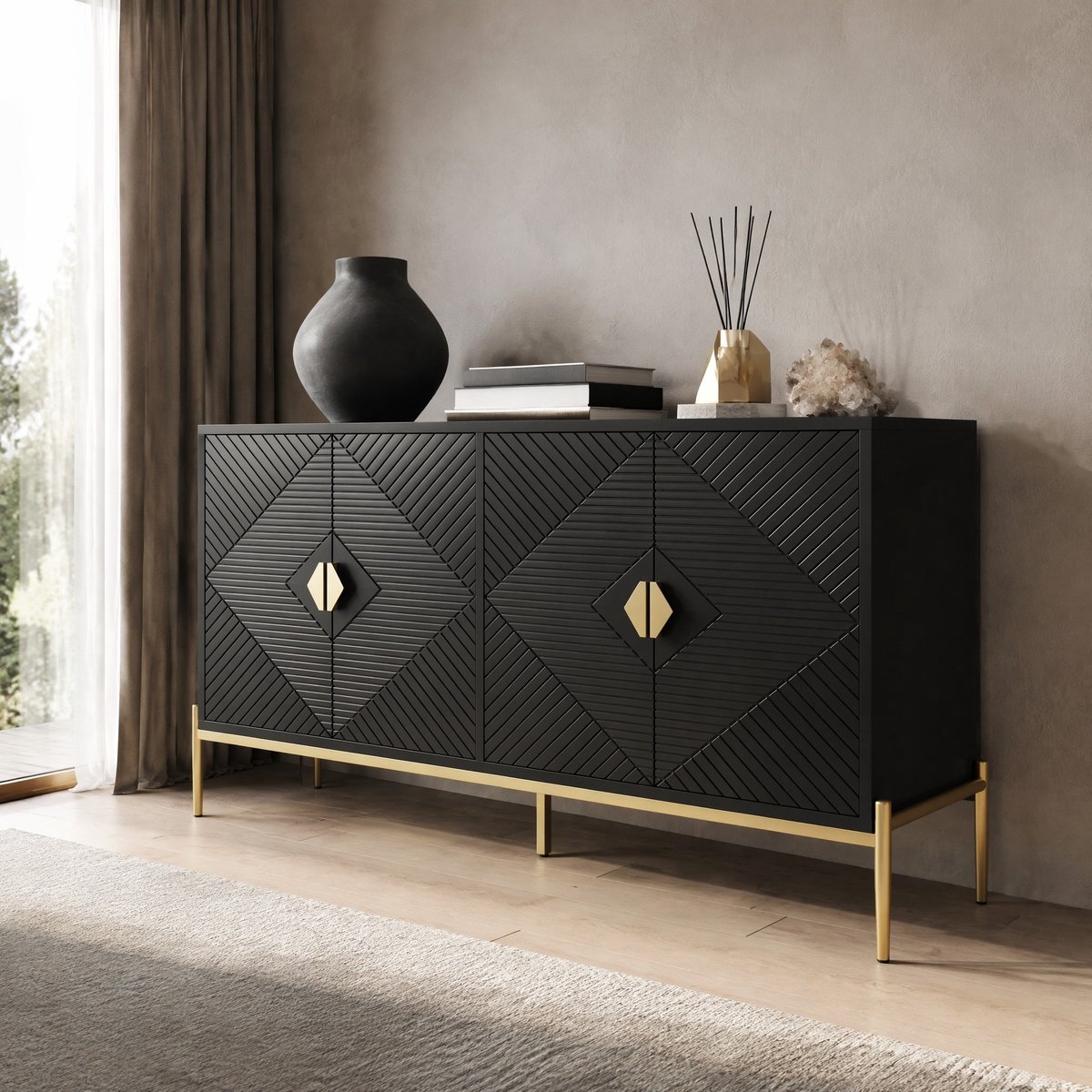 WUVRIE Dressoir 162 x 40 x 80 cm - 4 deuren, geometrisch reliëf en metalen poten - Zwart