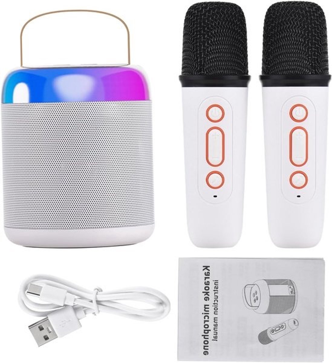 Karaokeset - Zing set - Voor feestjes thuis - Met RGB-verlichting - 15 x 15 x 10 cm - Wit