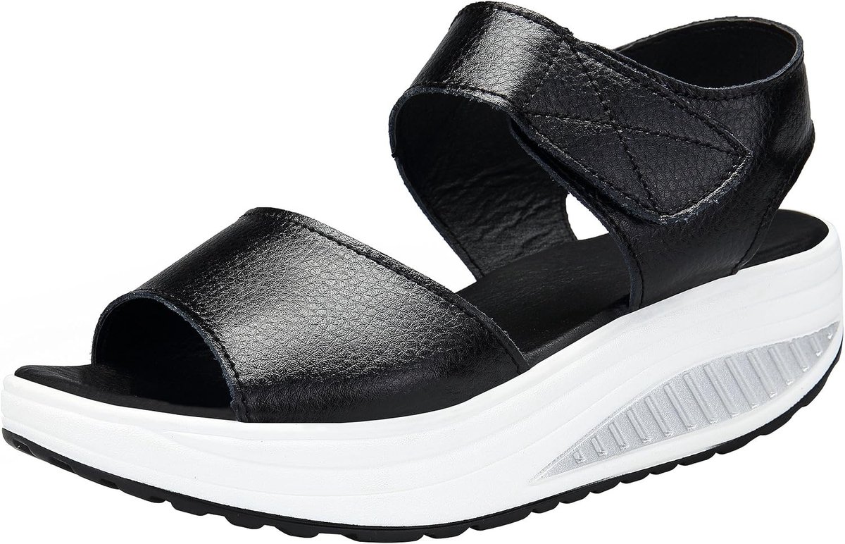 Dames Sandalen Plateau Leer Zomer Orthopedische Sandalen Comfortabele Peep Toe Afrolzool Sandalen Platform Sleehakken