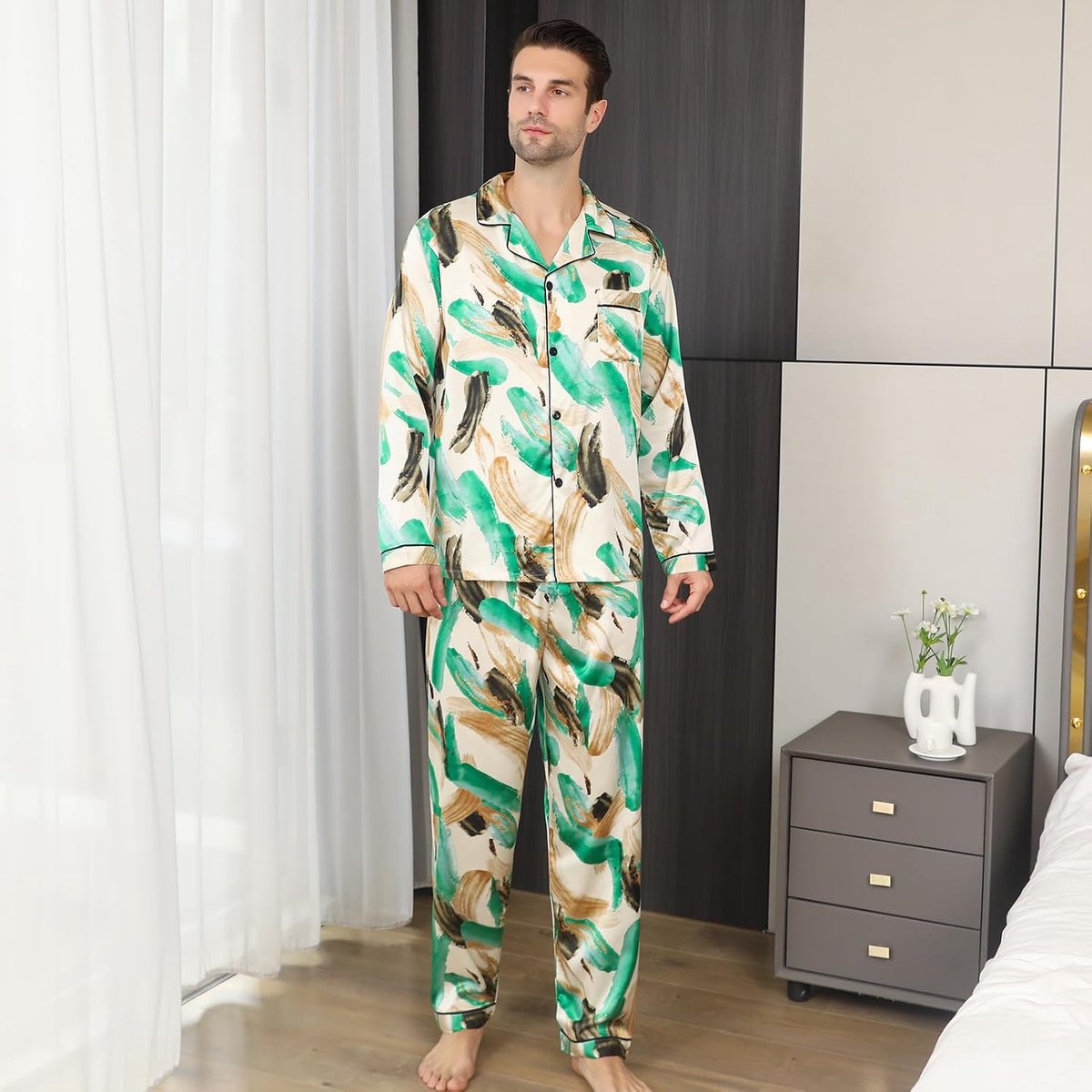 Pyjama voor heren, lange mouwen, zijdeachtige pyjama, premium nachtkleding met knoopsluiting, meerkleurig, zijdeachtige pyjamaset voor heren