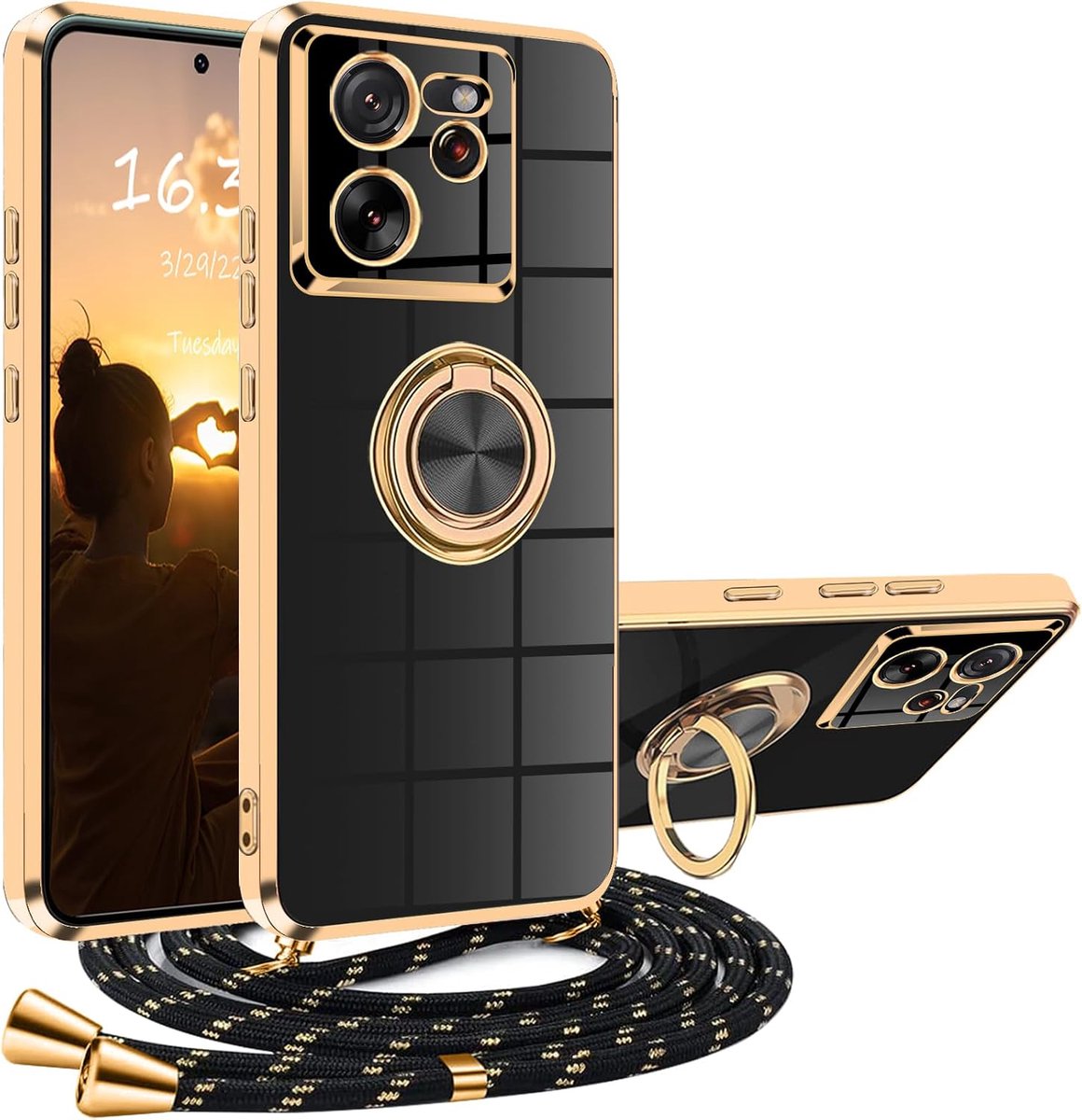 Hoes voor Xiaomi 13T/Xiaomi 13T Pro met draagriem, telefoonhoes Xiaomi 13T/Xiaomi 13T Pro met ketting, koord, standaard, krasbestendige siliconen telefoonketting, stootvaste beschermhoes, zwart