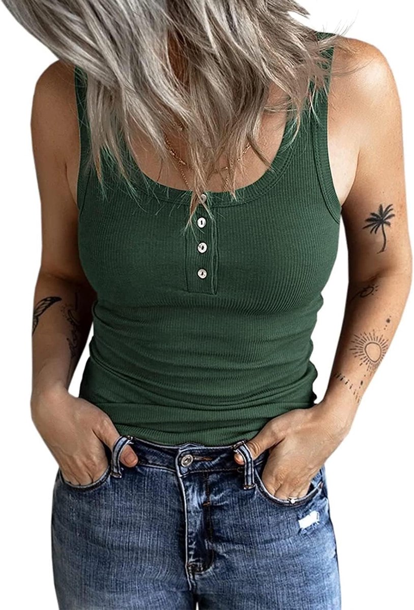 Damestop, slimfit, bovenstuk met knopen, geribbeld, mouwloos, tanktop, casual