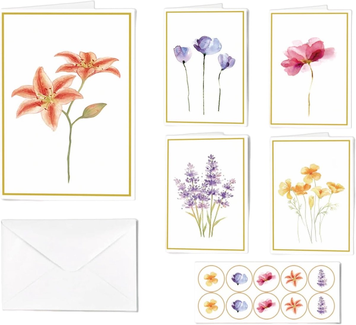 Wenskaartenset met envelopstickers, elegante bloemenverjaardagskaarten, vouwkaarten, blanco met envelop, wenskaarten met 5 verschillende bloemenpatronen, voor verjaardag, jubileum, 15 x 10 cm