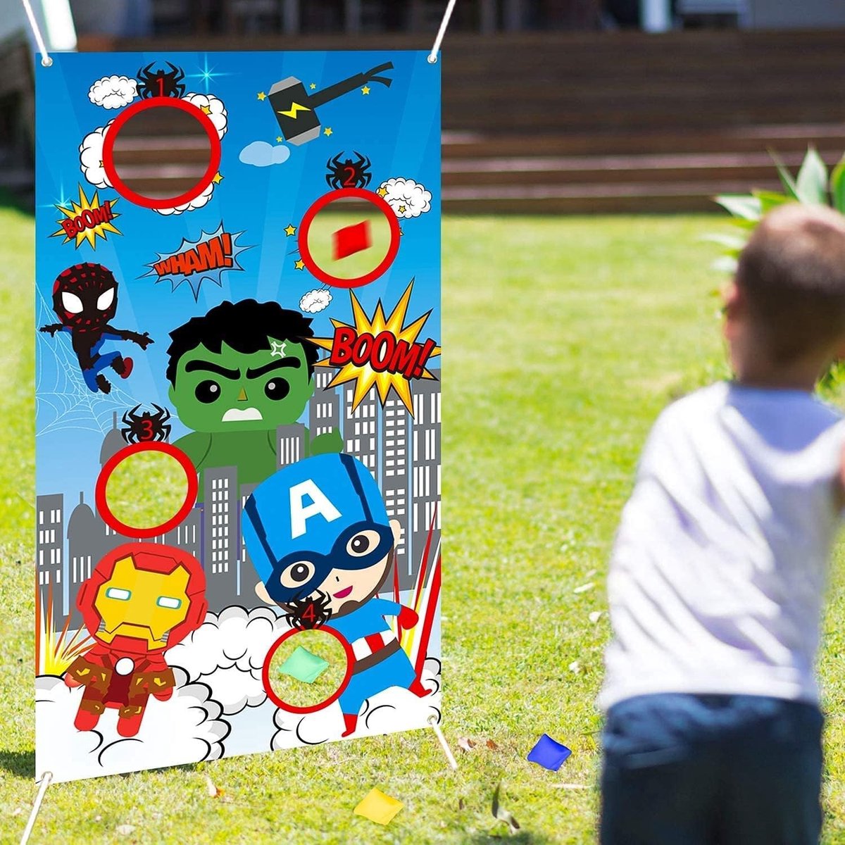 Superhelden Gooi Spel met 4 Stuks Bonenzakken, Carnaval Gooi Spel voor Binnen en Buiten, Feestartikelen voor Kinderen en Gezellige Activiteiten