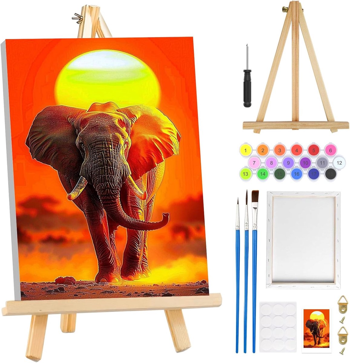 SnelShoppen - Verf op Nummer Set voor Volwassenen - Olifant met Frame en Ezel - Eenvoudig Schilderen met Acrylpigmenten - Creatieve Doe-Het-Zelf Diere