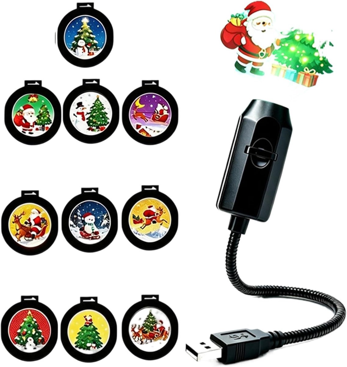 Kerstprojector - Met 10 Verwisselbare Films - Plug-and-Play - Sterrenprojector & Nachtlampje - Flexibele Zwanenhals - Projectorlamp - USB-Gevoed - Geschikt Voor Slaapkamers, Woonkamers, Auto's, Kamperen En Feestjes