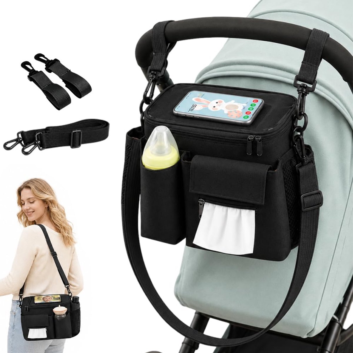 Namajunas - Kinderwagen organizer - Buggy tas Organizer - Wandelwagen organizer luiertas - Met Zijvakken, telefoonvak en verstelbare schouderriem - Universele - Compacte Tas Buggy - Box Tas - Box organizer - Kinderwagen Accessoires - Zwart