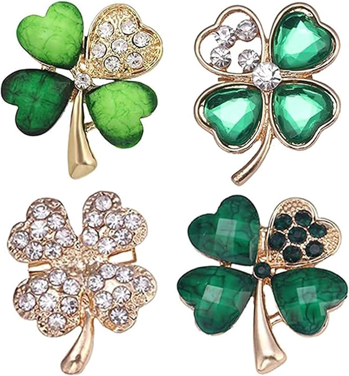 4 stuks, groene kristallen broch, sjaalclip, groene strass-broche, klaverblad-decoratie, geluksymbool voor dames en meisjes, kleding- en sjaalsdecoratie, Eén maat, Metaal, Stras