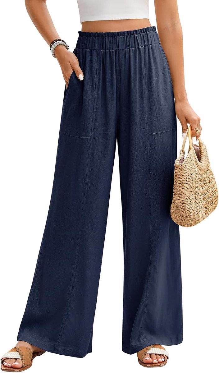 Broek voor dames, zomerbroek, licht, brede pijpen, elastische taille, rekbaar, elegante zomerbroek, losse pasvorm, luchtige strandbroek, vrijetijdsbroek met zakken