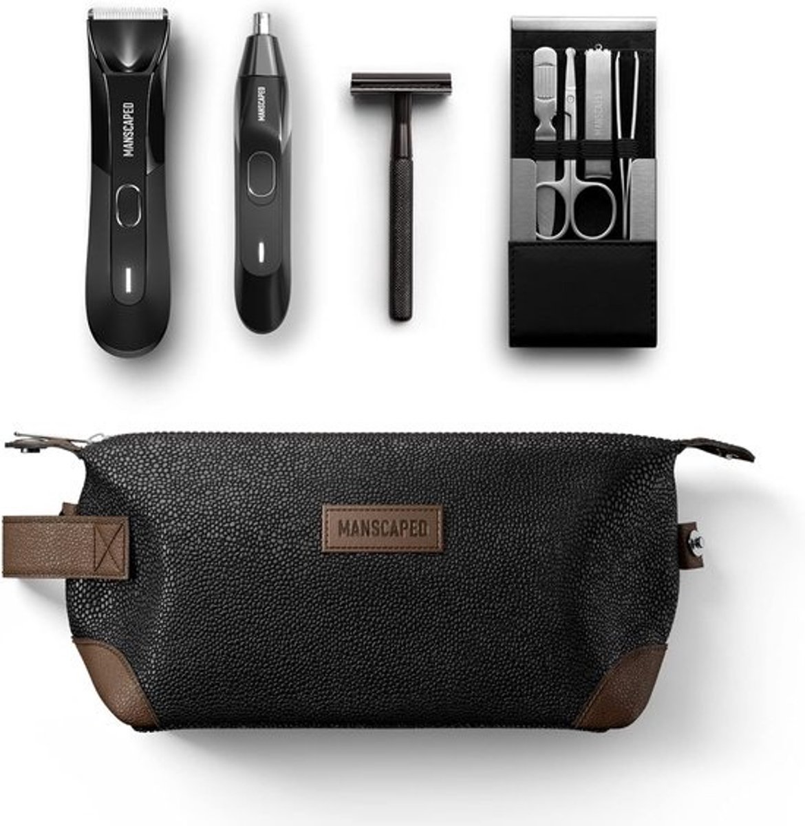Complete verzorgingsset - Voor mannen - Elektrische trimmer - Neus- en oorhaartrimmer - Luxe nagelset en toilettas