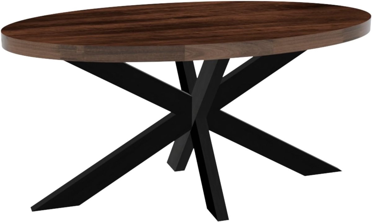 Eettafel ovaal mangohout 160cm James walnoot bruin ovale industriële tafel duurzaam mango eetkamertafel