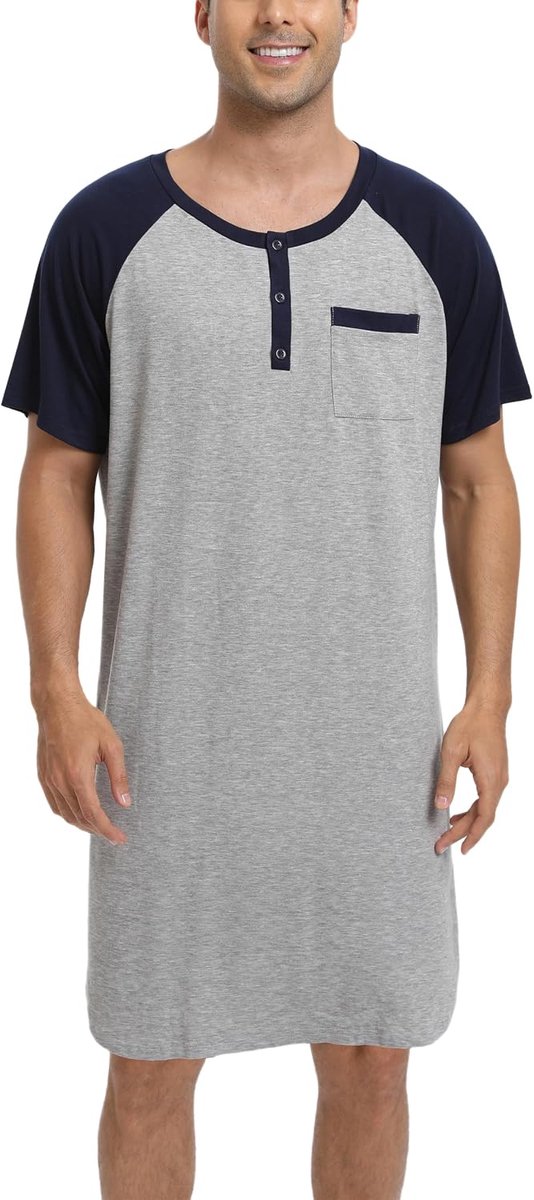 Nachthemd voor heren, pyjama-tops, T-shirt, knielang, V-hals, met knopen, korte mouwen, binnenkleding, zacht, comfortabel, grote maat M-4XL