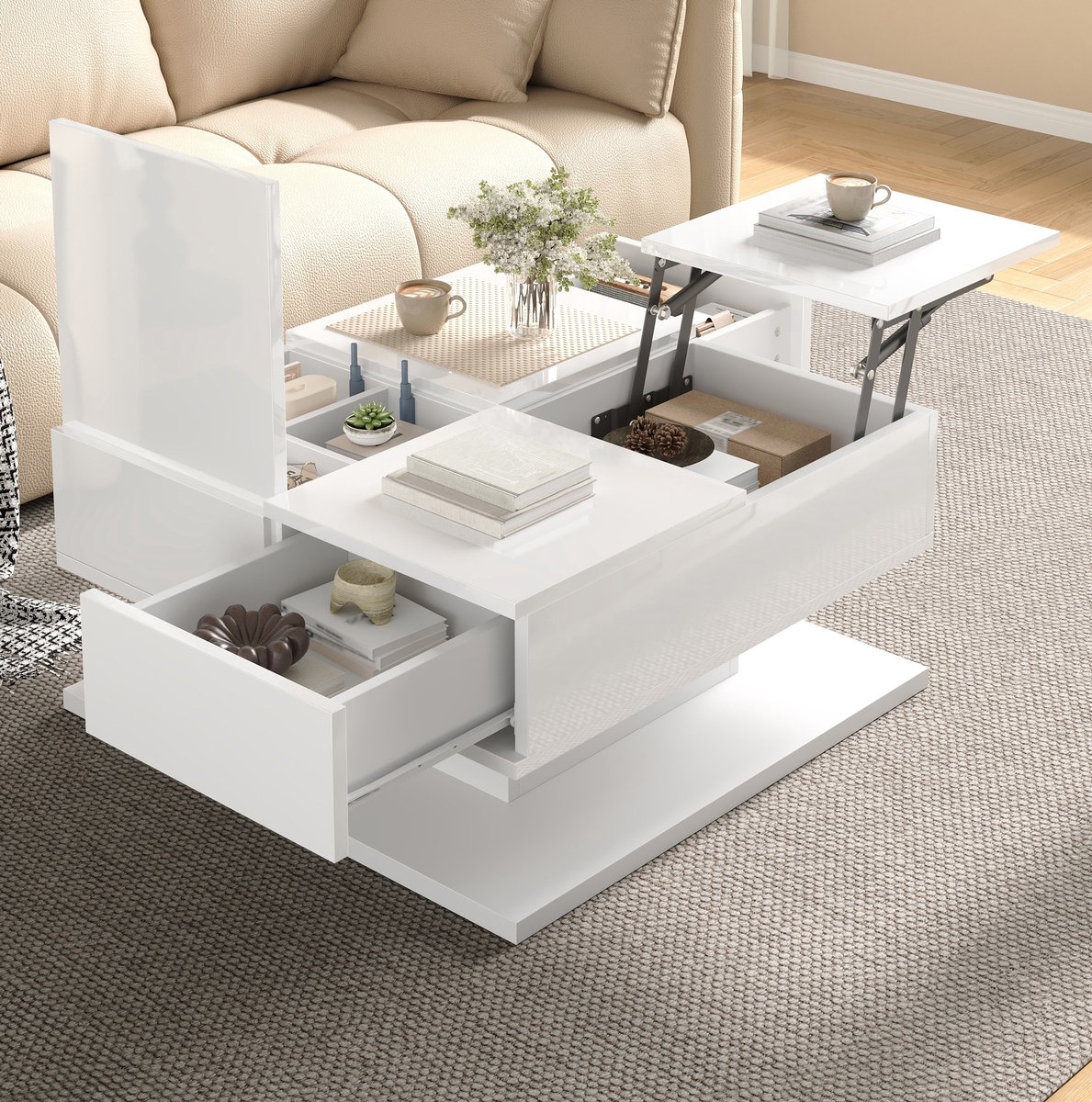 STILVORA Salontafel - In Hoogte Verstelbaar Met Lades En Ledverlichting - Voor De Woonkamer - MDF En Spaanplaat - 72 x 72 x 35 Cm - Wit