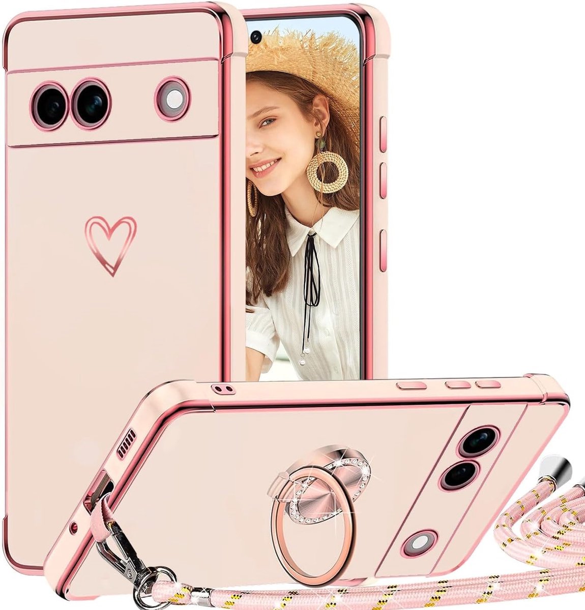 Telefoonhoesje met koord, compatibel met Google Pixel 7A, telefoonhoes met ringstandaard, stootvast, krasbestendige TPU bumper beschermhoes met koord om om te hangen, roze