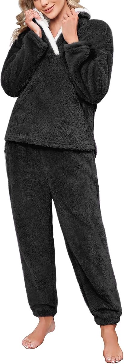 Pyjama voor dames, winter, fleece, pyjamaset, fleece, warm en zacht, lange mouwen, revers, pyjama