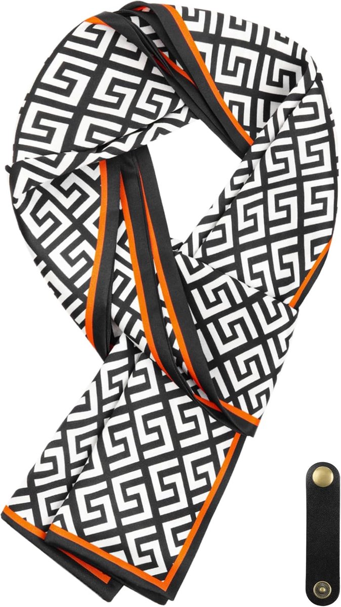 Sjaal van kunstzijde stropdas sjaal ascot multifunctionele halsdoek lange sjaal met lederen lus casual business gentleman 16 x 149 cm - printpatroon zwart oranje bruin geometrisch patroon, Zwart