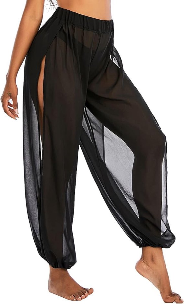 Broek voor dames, lange broek van chiffon, split, lichte zomerbroek, brede vrijetijdsbroek, elastische broek