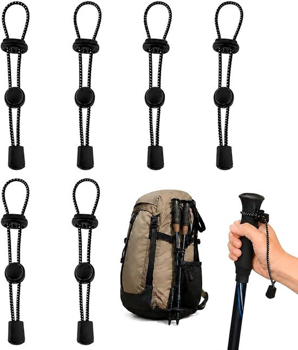 10 stuks klimstokhouders, elastische banden voor wandelstokken en rugzakken, verstelbare elastische koorden met gesp voor skiën, wandelen, bergbeklimmen en andere buitenactiviteiten. Draagaccessoire in zwart.