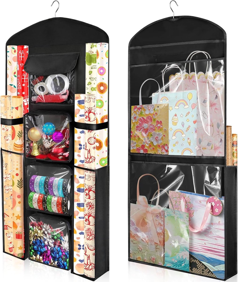 Opknoping Gift Wrapping Papier Opslag, Dubbelzijdige Kerst Wrap Bag Containe (zwart)