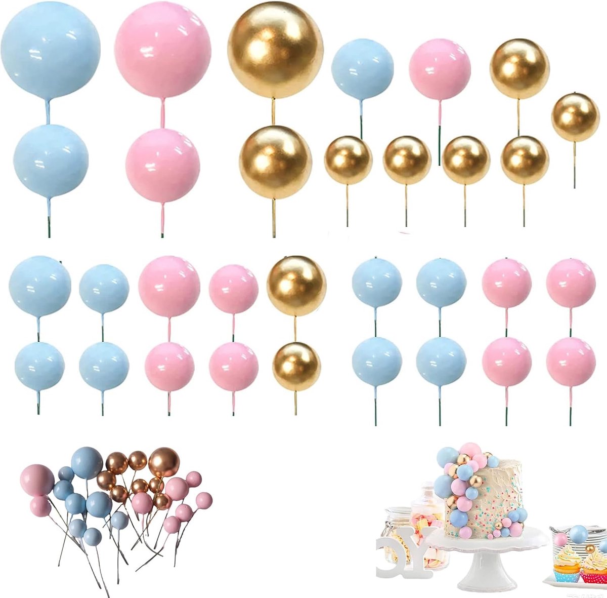 24 Stuks Taartdecoratie Ballen, Mini Taartdecoratie Schuimballen, Taart Decoreren Ornamenten Bal, voor Verjaardagstaarten, Cupcakes en Huwelijksdecoraties (Goud, Roze, Blauw)
