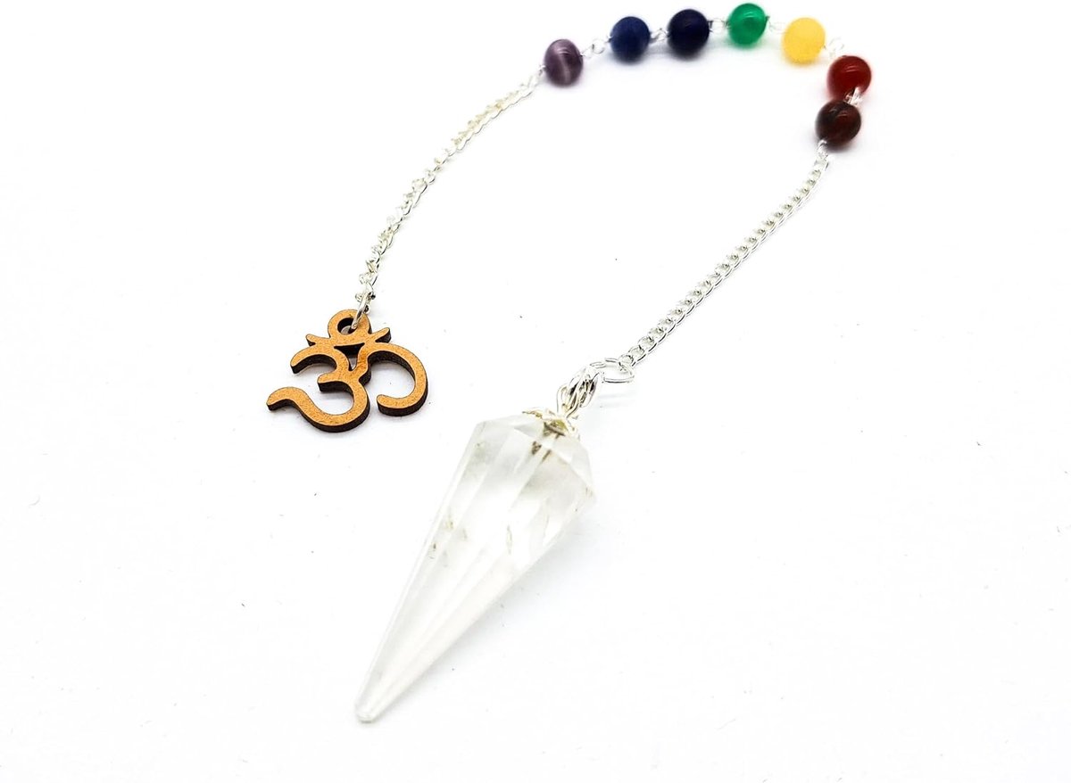 Slinger bergkristal 7 chakra edelstenen mantra om aum symbool in juwelendoosje | metafysica esoterische hekserij