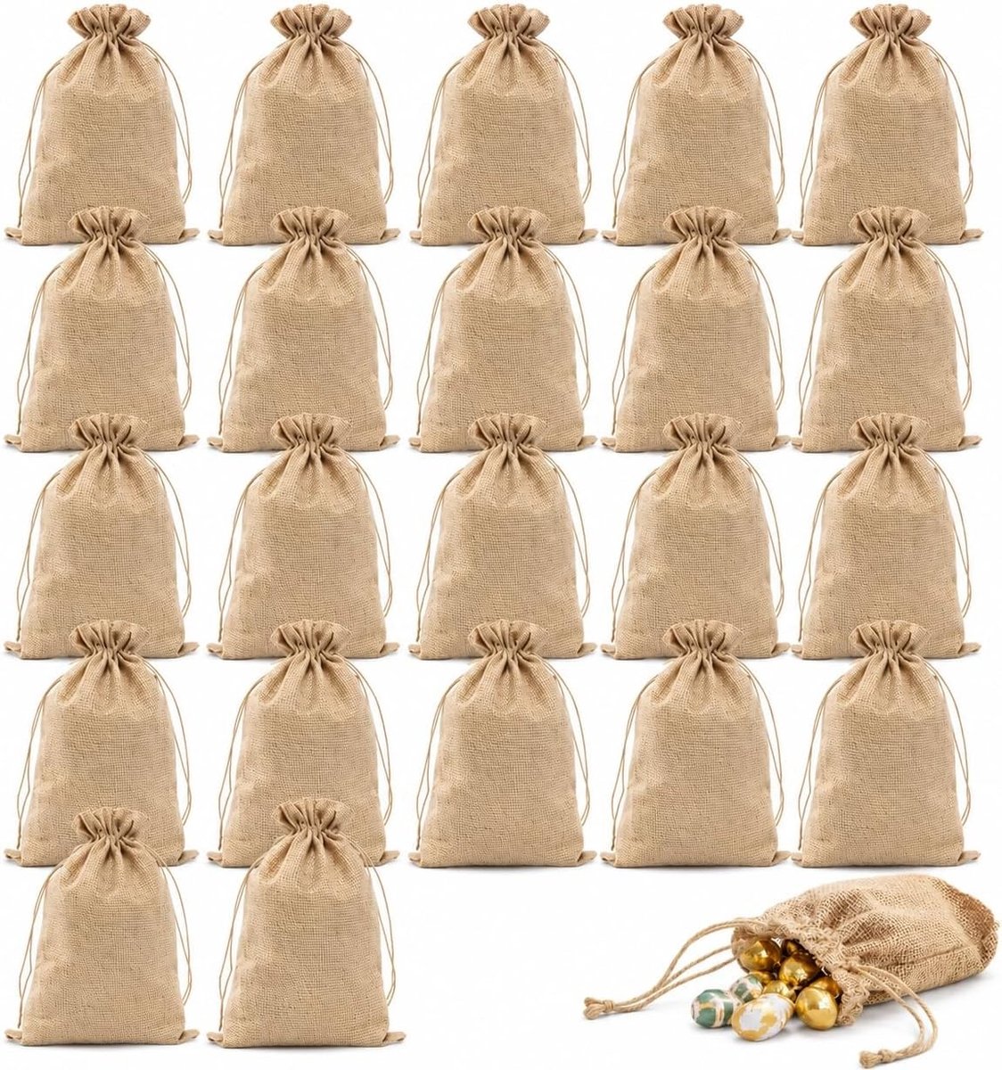 Set van 24 Jute Tassen - Linnen Tassen met Trekkoord - Cadeautassen voor Feesten, Sieraden en Kunstprojecten - 2 Maten (13x18cm + 10x14cm) - Bruin