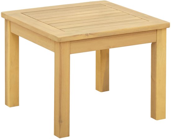 Vierkante salontafel voor buiten van licht massief acaciahout met een lattenstructuur op het blad.