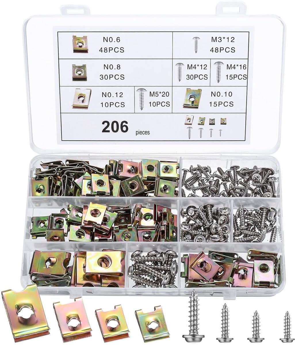 206 STUKS U-Type Plaatmoeren met Schroeven Set, Auto Schroef Moer Clip Kit, Clipmoeren Carrosserie Schroeven Assortiment, Auto Bevestigingsclips, Plaatmoer Schroef Moer Clip Kit voor Auto Motor