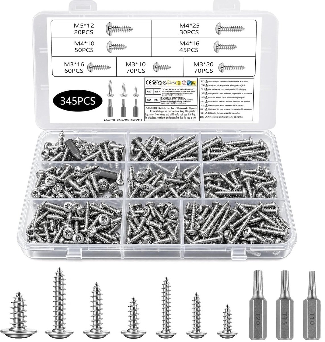 345-delige Torx-schroevenset M3 M4 M5 – Roestvrij staal – Zelftappend