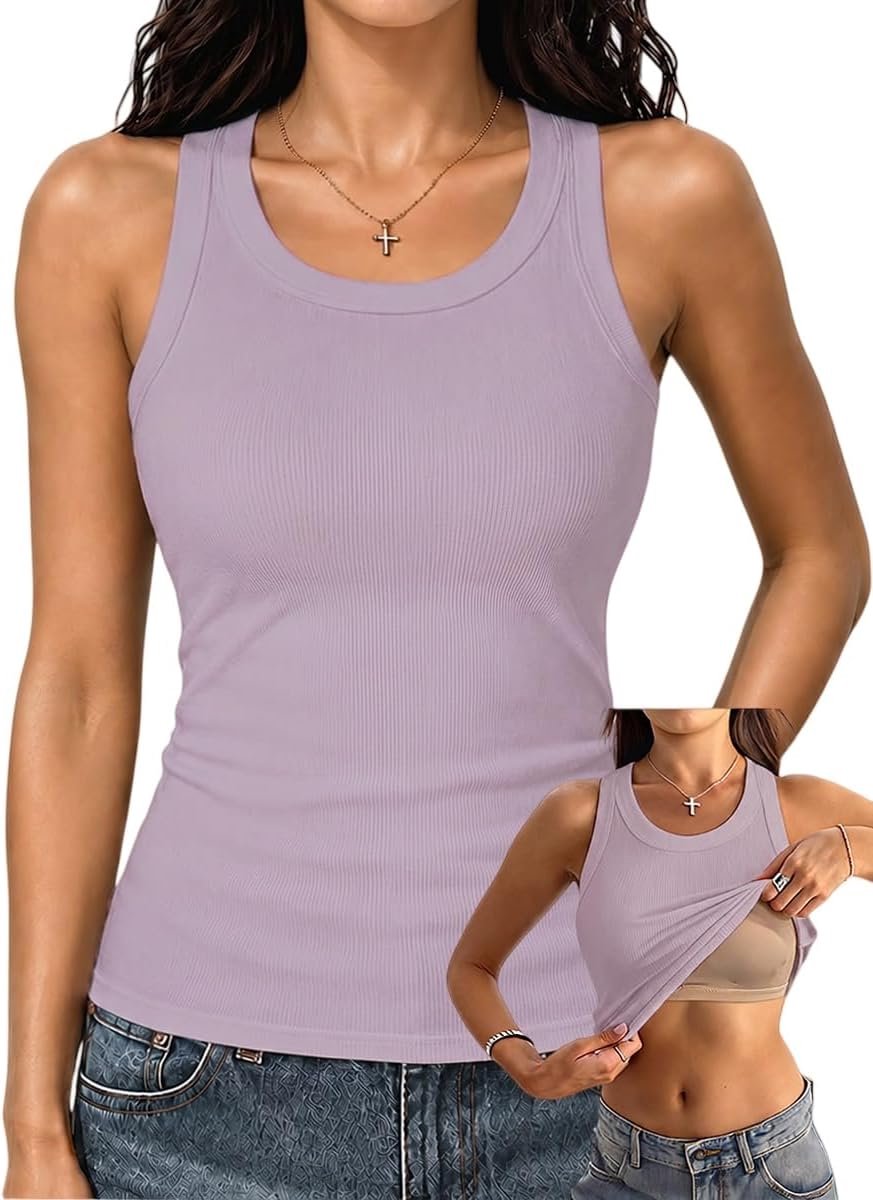 Racerback-tanktops met ingebouwde beha voor vrouwen, geribbelde basics met hoge hals, getailleerde lange beha-tanks