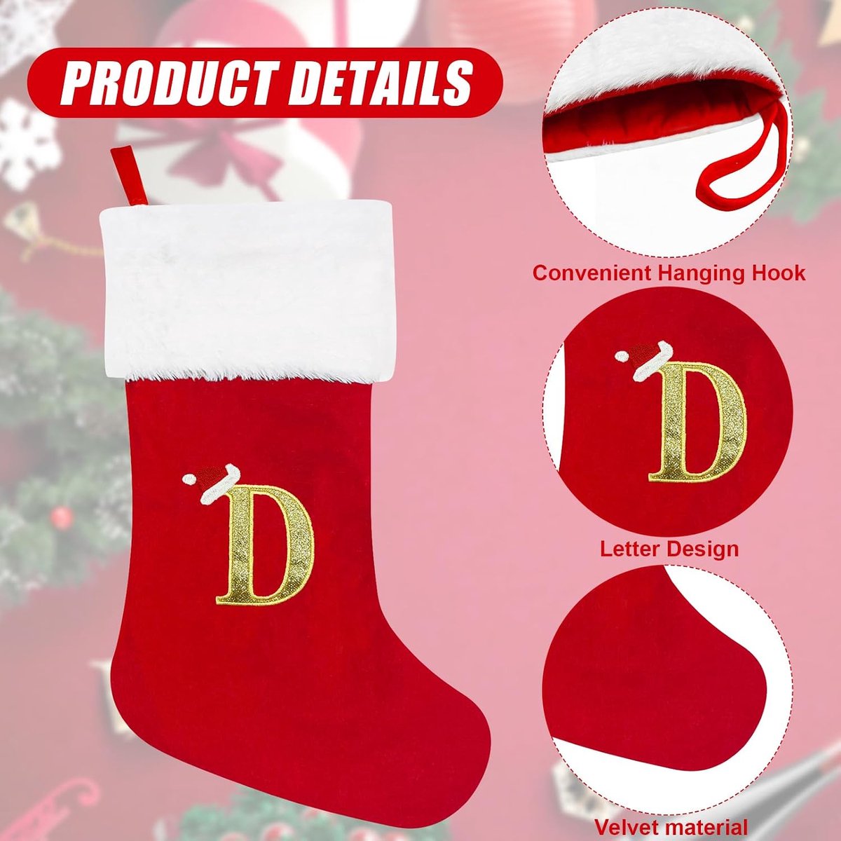 Kousen 50 cm gepersonaliseerde kerstkous met letter groot monogram rode kerstkousen met naamplaatje pluche hangende kousen geschenken sok voor kerstdecoratie boom vakantie ornament (D)