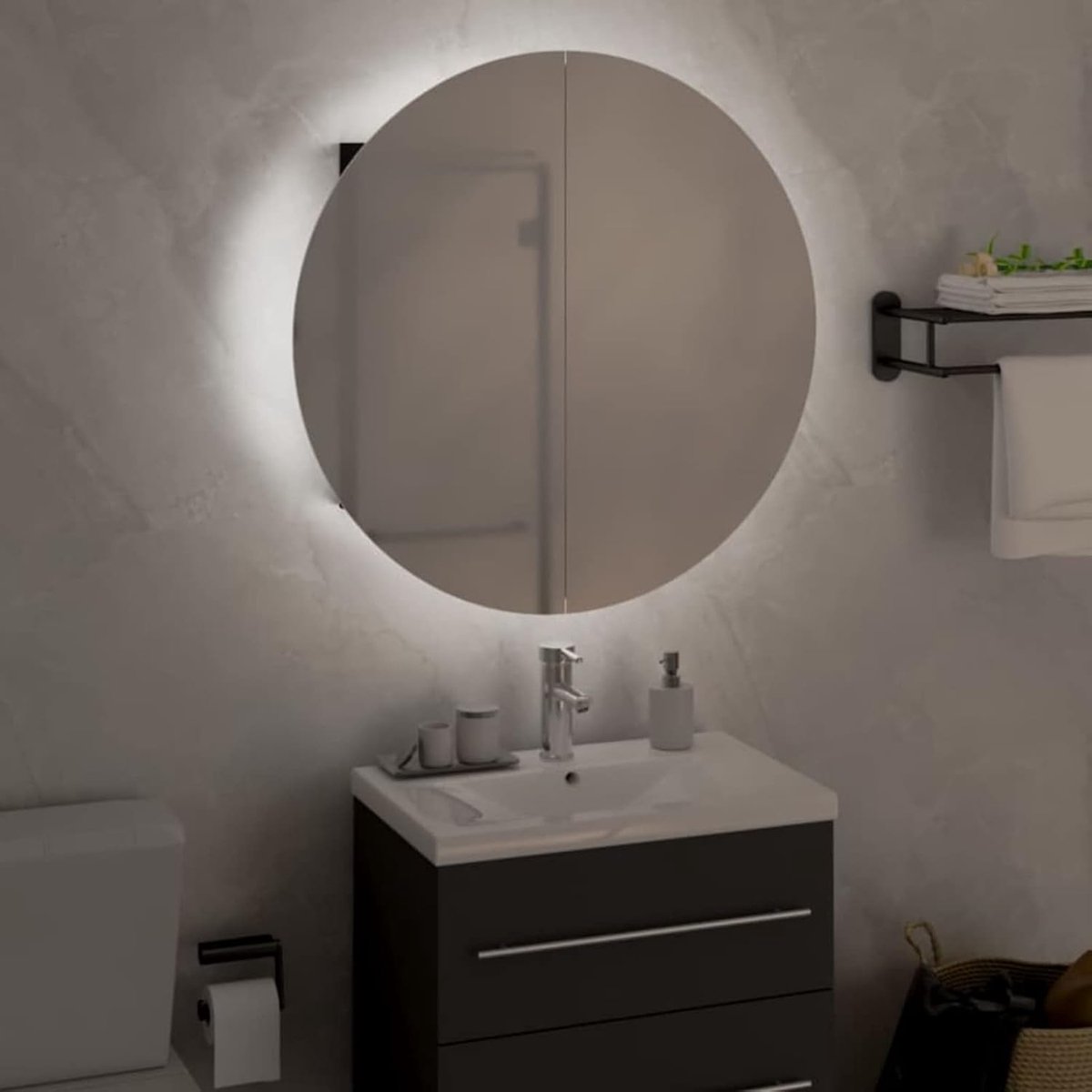 Badkamerkast met ronde spiegel en led, multifunctionele kast, badkamerspiegel, hangkast voor woonkamer, keuken, slaapkamer, zwart, 47 x 47 x 17,5 cm