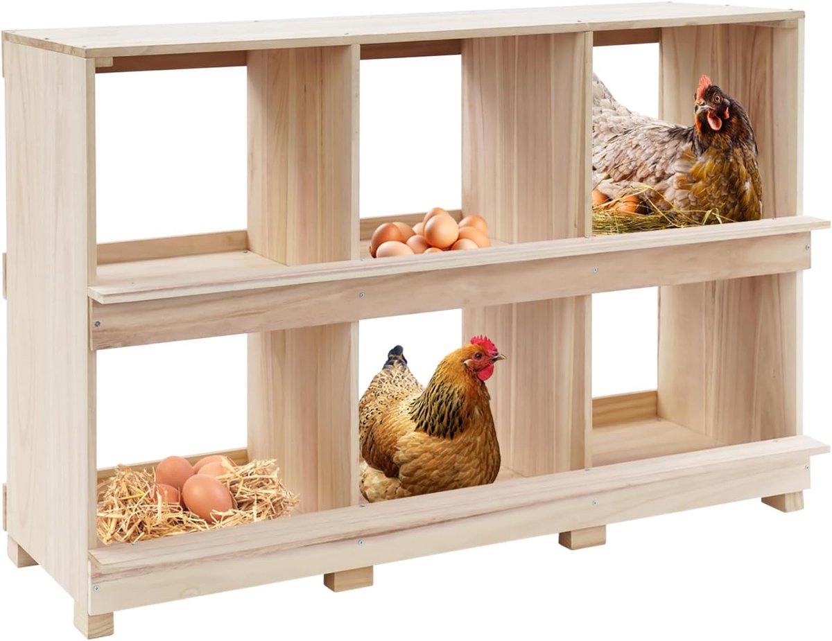 6-voudig kippennest van massief hout, nestkast voor kippen, 2 etages design met zitstang en ventilatie, verhoogde bodem tegen vocht (96 x 37 cm), voor legkippen in de stal/tuin