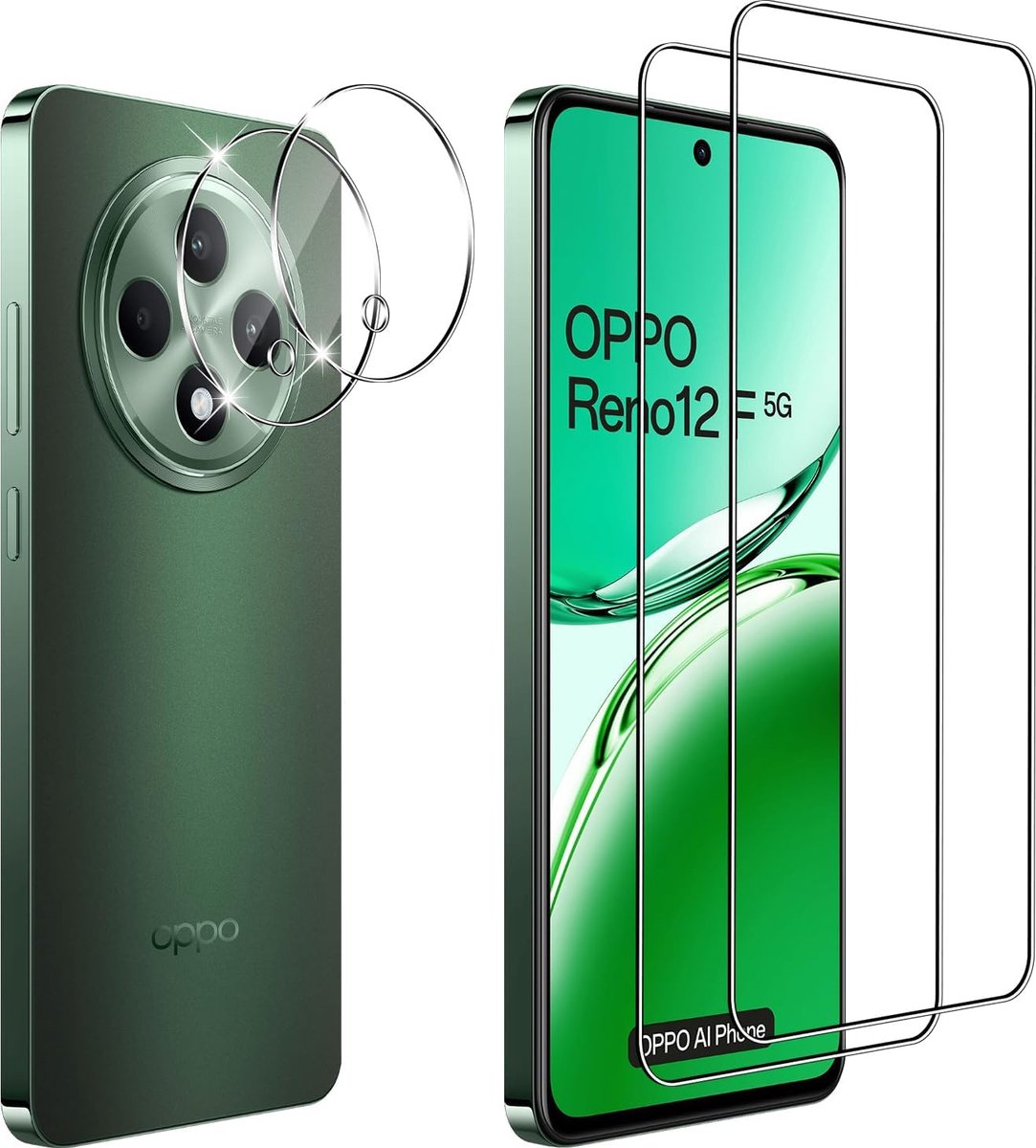 Beschermfolie voor OPPO Reno 12 FS/ 12FS / Reno 12 F/12F 4G/5G, voor pantserglas, beschermfolie en camerabeschermfolie, 2+2 stuks, 9H hardheid, 3D, krasbestendig, anti-luchtbellen