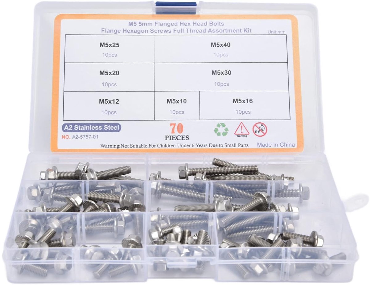 Screw/Fastener Assortment Kit, 304 Roestvrij Staal, 70 Stks Zeskant Flens Bouten met Meerdere Lengtes, M5 Screw/Fastener Assortment Kit, Set, Set