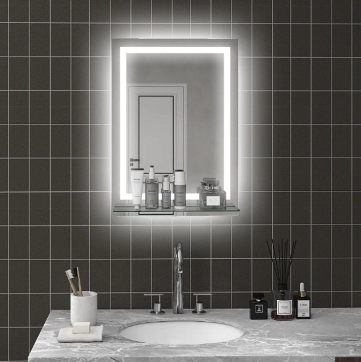 LED Badkamer Wandspiegel met Ingebouwde Plank 3 Kleuren Instelbare Helderheid Touchschakelaar