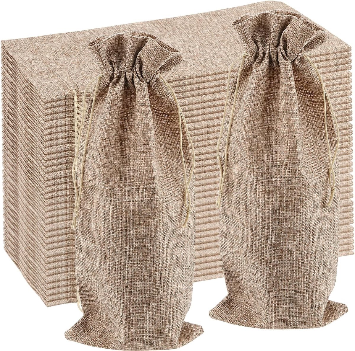 30 Stuks Jute Wijnfles Tassen 15x35cm, Burlap Cadeautassen met Trekkoord voor Bruiloft, Verjaardag en Feestjes