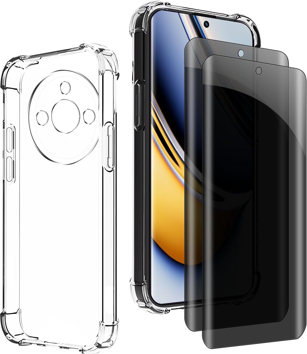 Inkijkbescherming voor Realme 11 Pro, 1 TPU-hoes met 2 stuks pantserglas, 9H glas, anti-spy folie, transparante siliconen beschermhoes, anti-geel, slank