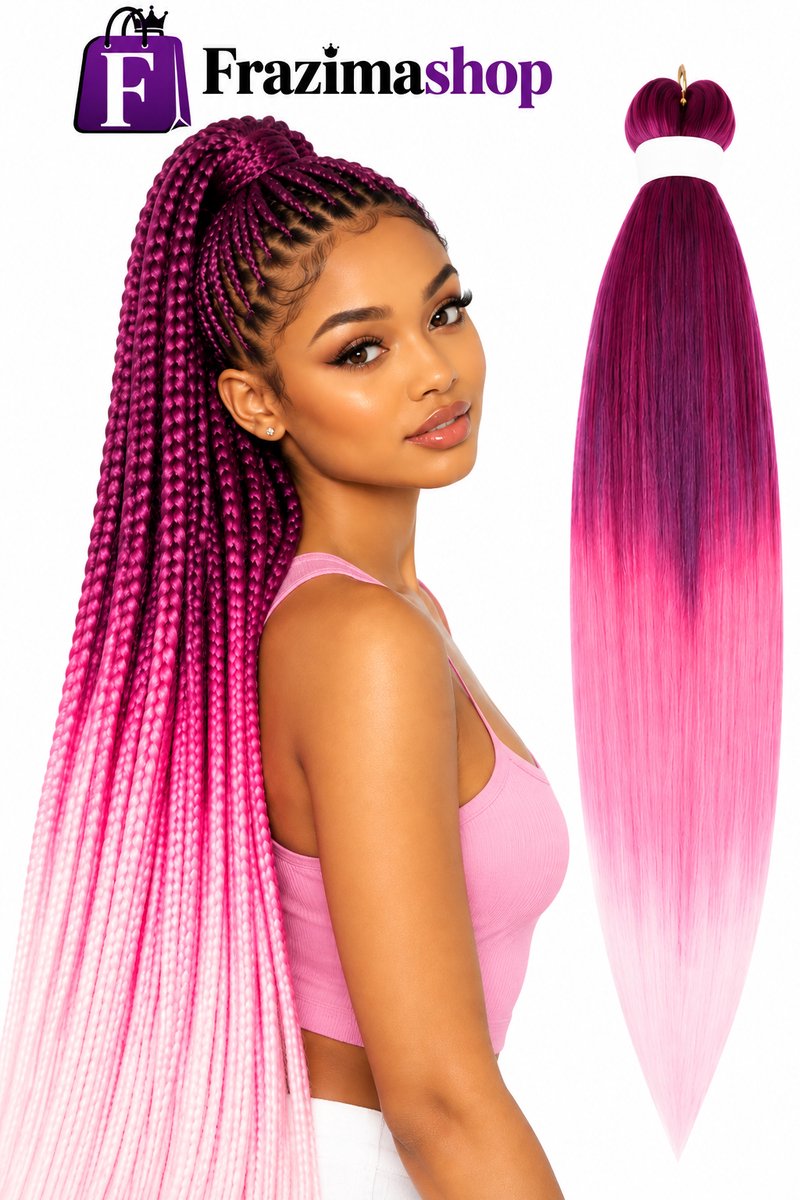 Frazimashop Vlechthaar 65 cm – Donkerpaars-Roze-Wit Ombre – Pre-Stretched Synthetisch Braiding Hair – Klitvrij & Hittebestendig – Box Braids & Crochet Braids – 1 Stuk
