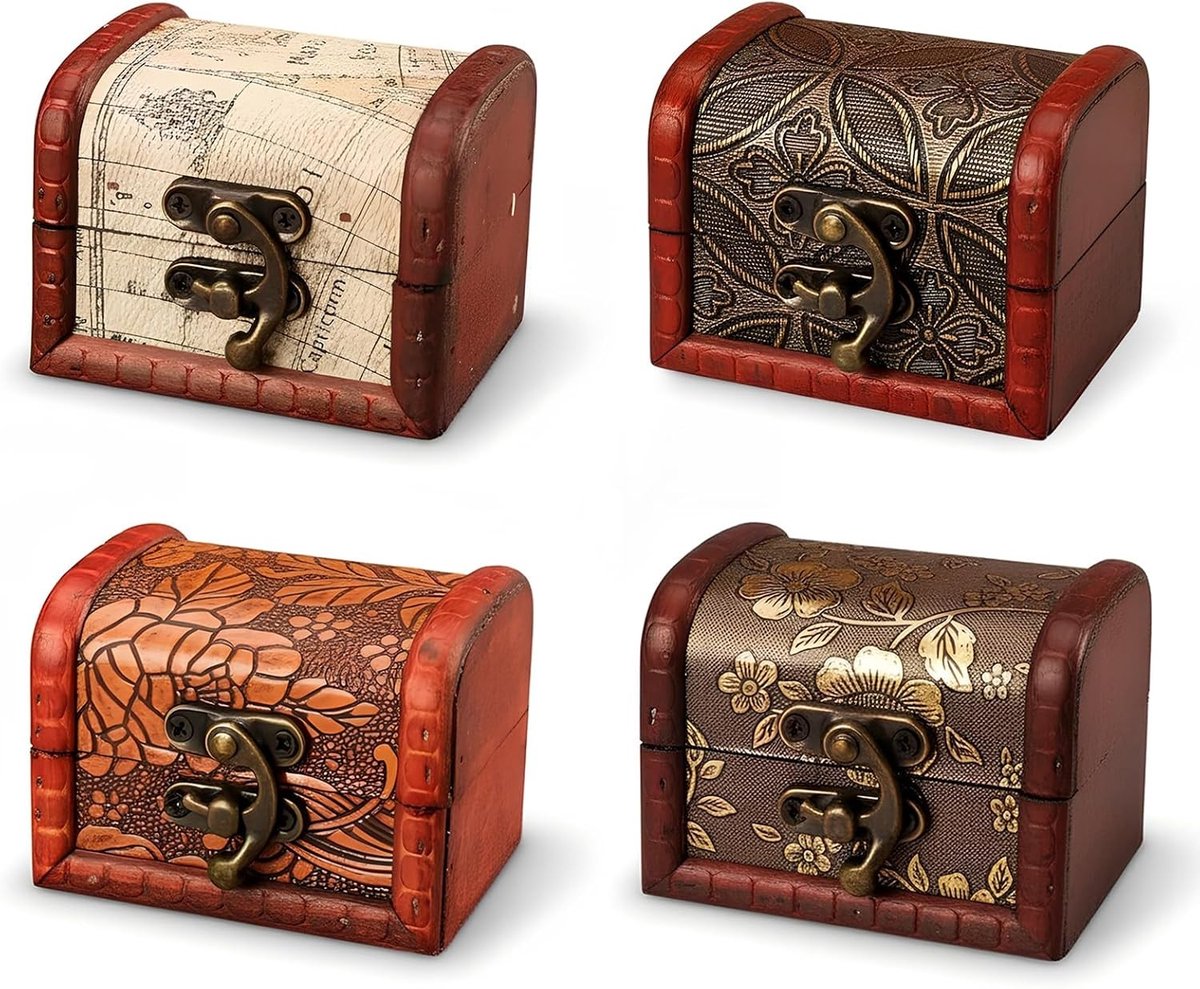 Set van 4 Houten Mini Schatkisten, Vintage Decoratieve Dozen voor Sieraden, Oorbellen en Kettingen (4 Ontwerpen)