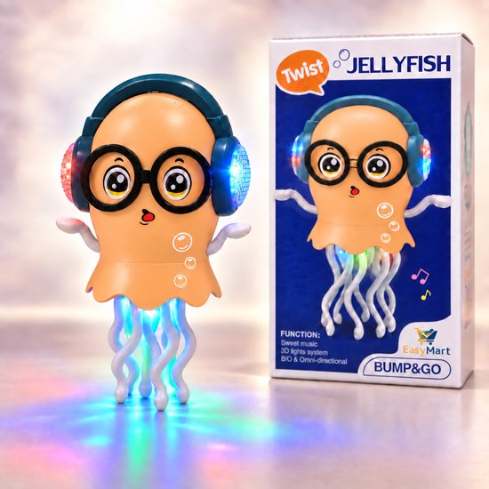 Oranje octopus speelgoed met bril en koptelefoon, met knipperende lichtjes. Naast de verpakking met productinformatie.