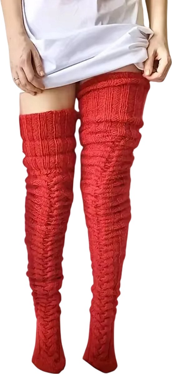 1 Paar Warme Dames Sokken – Dikke Gebreide Kniekousen Lange Wintersokken voor Dames Comfortabel en Warm Over de Knie Rood