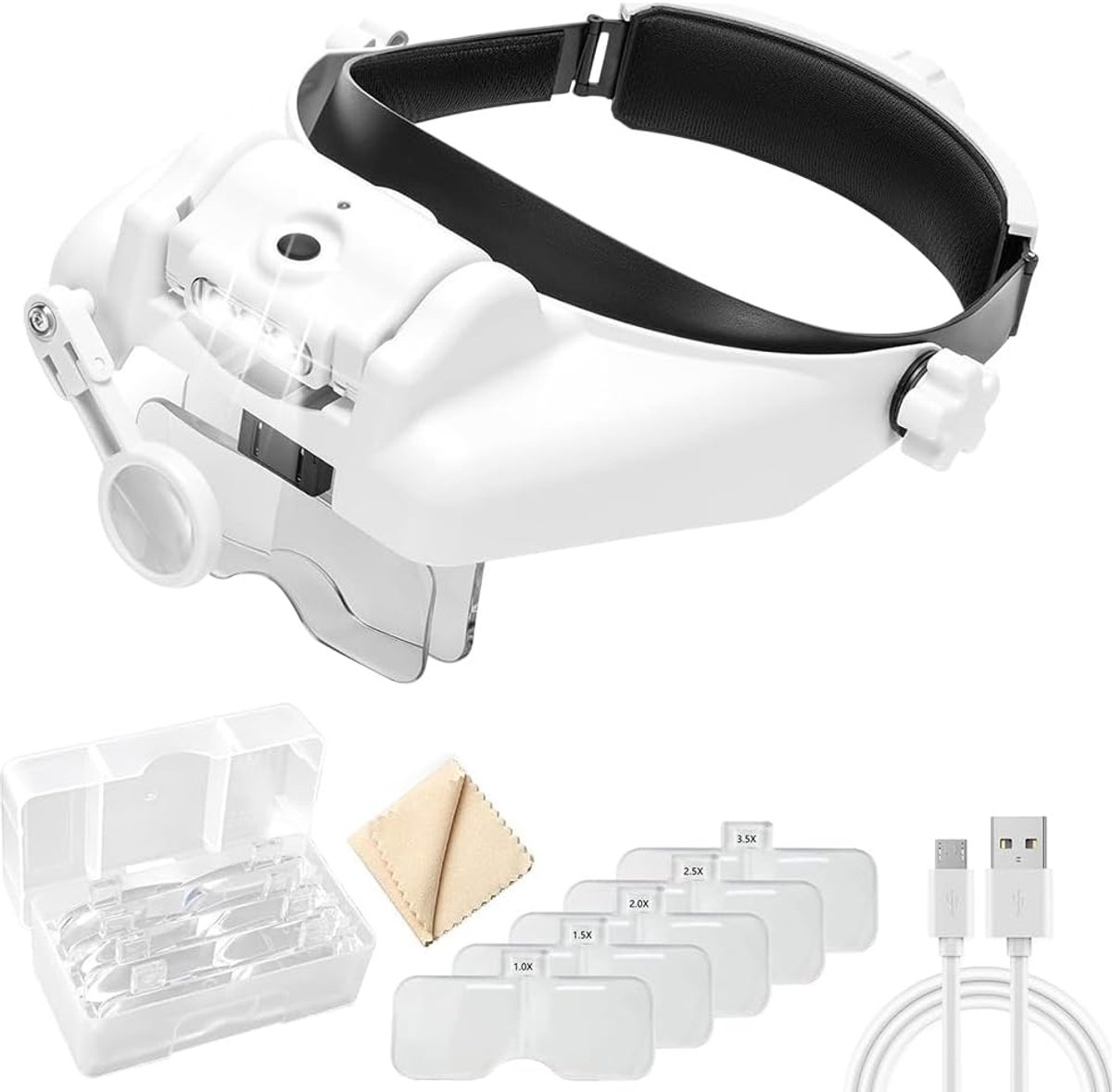 Vergrootglas met licht, hoofdbandvergrootglas, USB-oplaadbaar, loepbril met 3 ledlampen en 2 instelbare helderheid, hoofdbandvergrootglas voor modelbouw, lezen, juweliers, knutselen, 1,0x, 1,5x, 2,0x