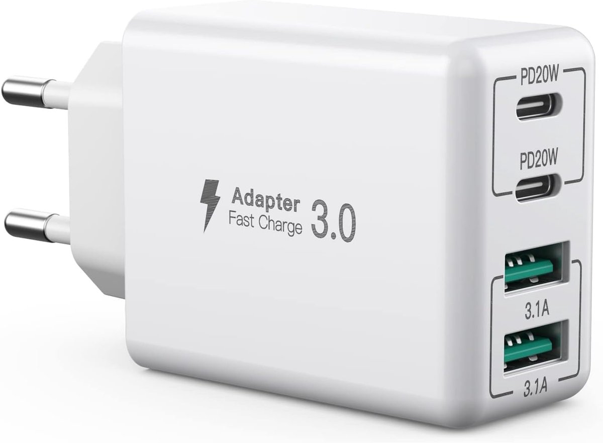 C-oplader, 40 W 4-poorts USB C-oplader, snellaadblok dubbele poort PD+QC wandstekker multiport type C compatibel met iPhone 17/16/15/14/13/Pro Max/XS/XR/8/7, iPad, Samsung telefoon, tablet