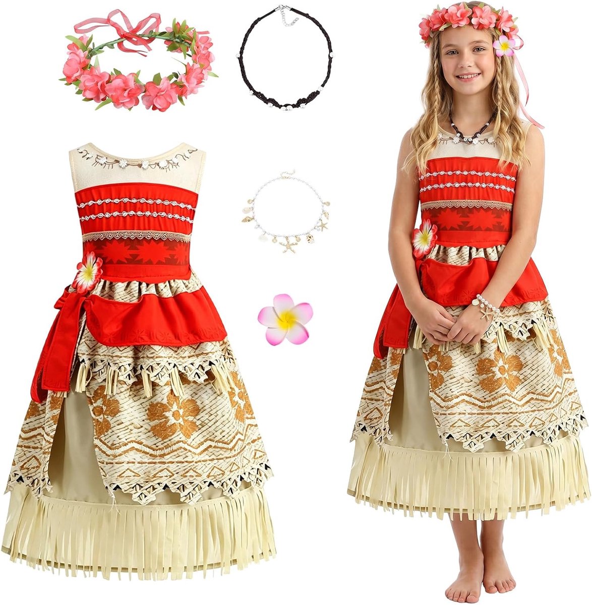 Meisjeskostuum outfit set met jurk zonder mouwen + tas + halsketting L