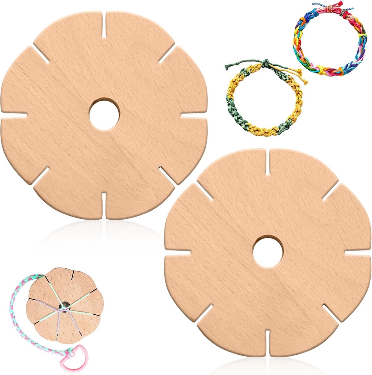 Kumihimo-schijven van hout met 8 sleuven, ronde vlechtschijf voor armbanden, gevlochten kralen, gevlochten gereedschap voor halskettingen, armbanden, enkelbandjes en sleutelhangers, 2 stuks