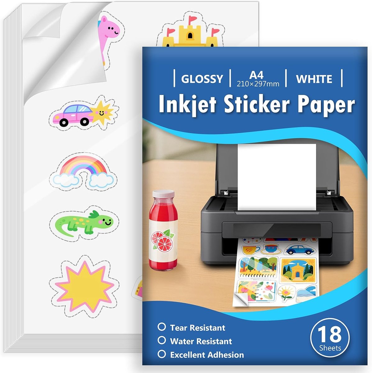18 Vellen Stickerpapier voor Printer A4, Glanzende Witte Waterdichte Printbare Vinyl Stickerpapier, Zelfklevende Volledige Pagina voor Inkjetprinters, Sneldrogend, 210x297mm
