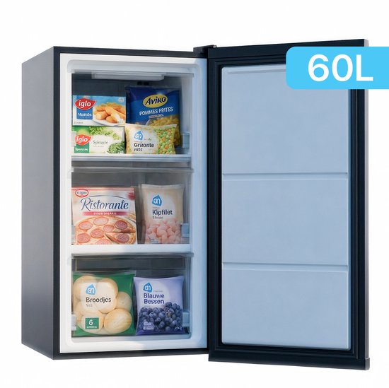 Zwarte Joula tafelmodel vriezer, open met 3 vriesvakken gevuld met etenswaren. Indicatie 60L inhoud.