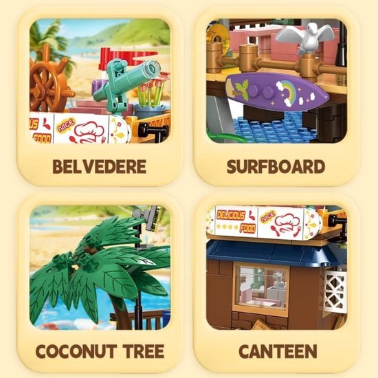Vier afbeeldingen: stuur, surfplank, kokosboom en kantine van de vissershut.
